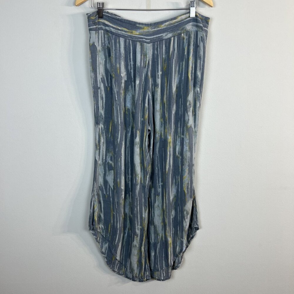 Free People Pants‎ Womens Large Gray Blue Yellow Abstract Wide Leg Boho Lounge